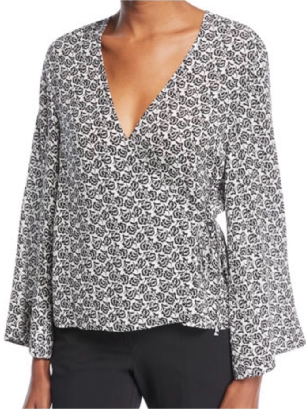a.l.c. Black & White Floral silk ray bell sleeve wrap top size 6